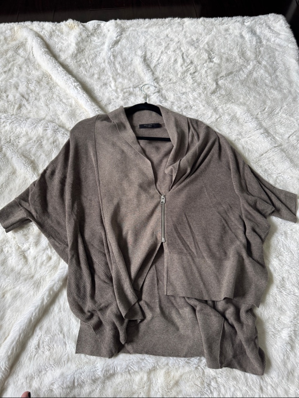 All Saints Taupe Short-Sleeve Zip-Front Cardigan